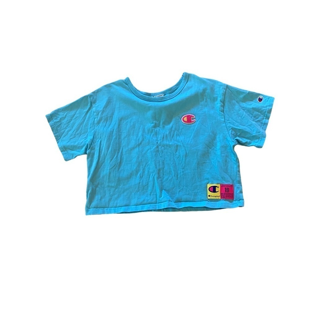 Champion Turquoise Blue Cropped Tee with Pink Logo Patch